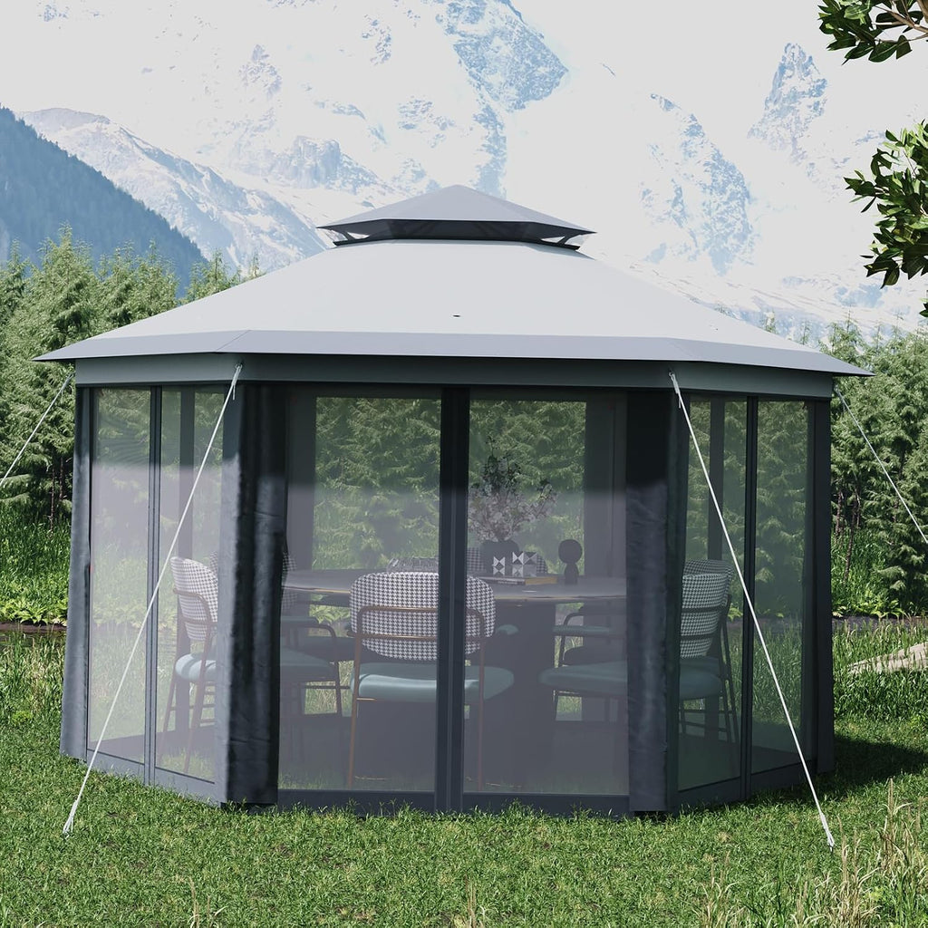 13' x 13' Pop-Up Gazebo, Hexagonal Canopy Shelter with 6 Zippered Mesh Netting, Event Tent with Strong Steel Frame for Backyard, Garden, Lawn, Dark Grey and Light Grey