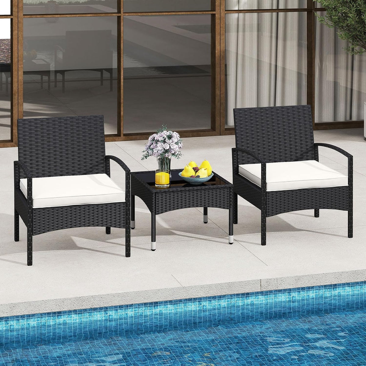RELAX4LIFE 3-Piece Patio Furniture Set - Rattan Conversation Set, Wicker Bistro Set w/2 Chairs, Glass Coffee Table, Steel Frame, Outdoor Chairs Set for Yard Balcony, Front Porch Furniture (Off White)