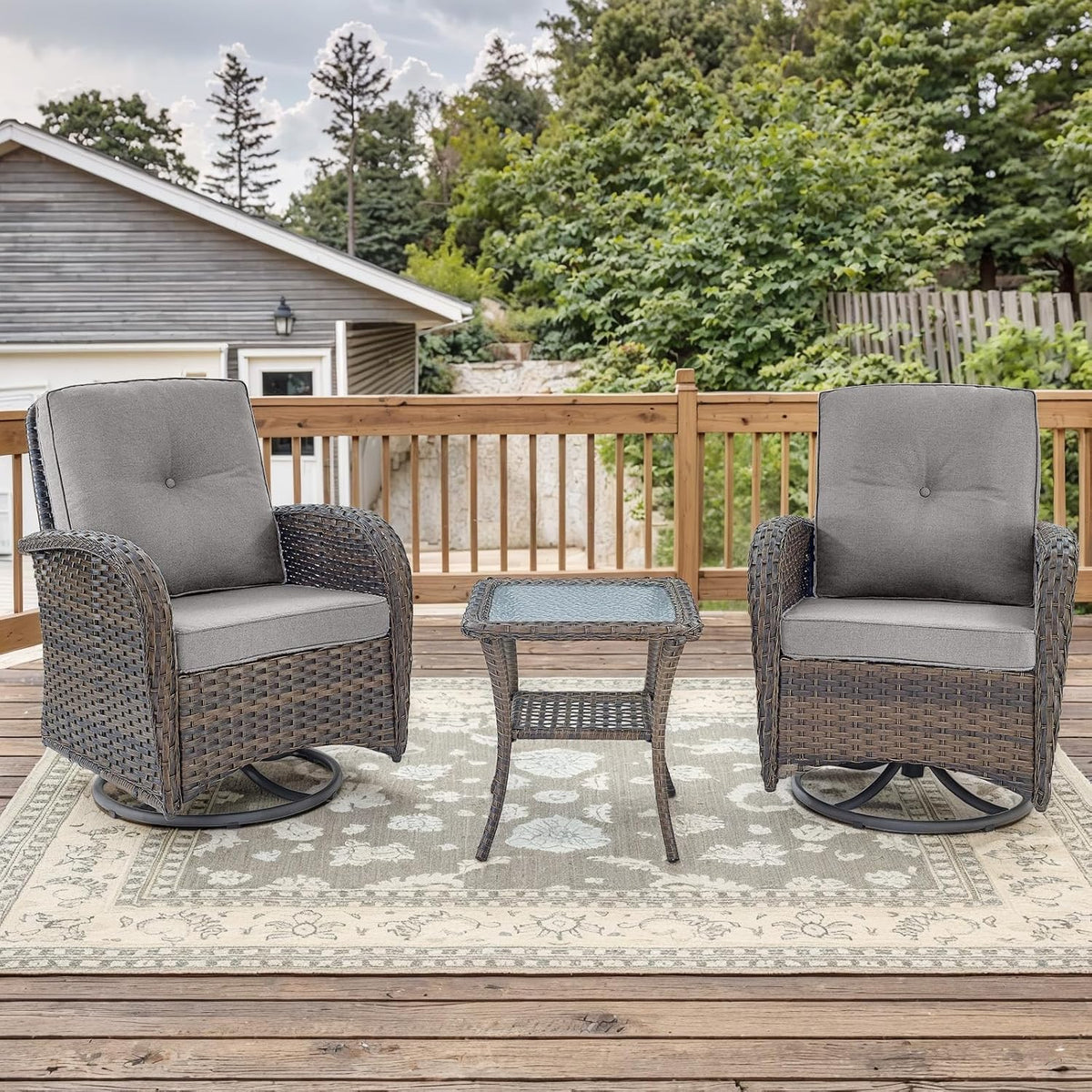Outdoor Swivel Glider Rocker Chairs - 3 Piece Patio Furniture Set, Patio Bistro Sets with Tempered Glass Side Table, for Balcony, Porch - Brown Wicker, Grey Cushion