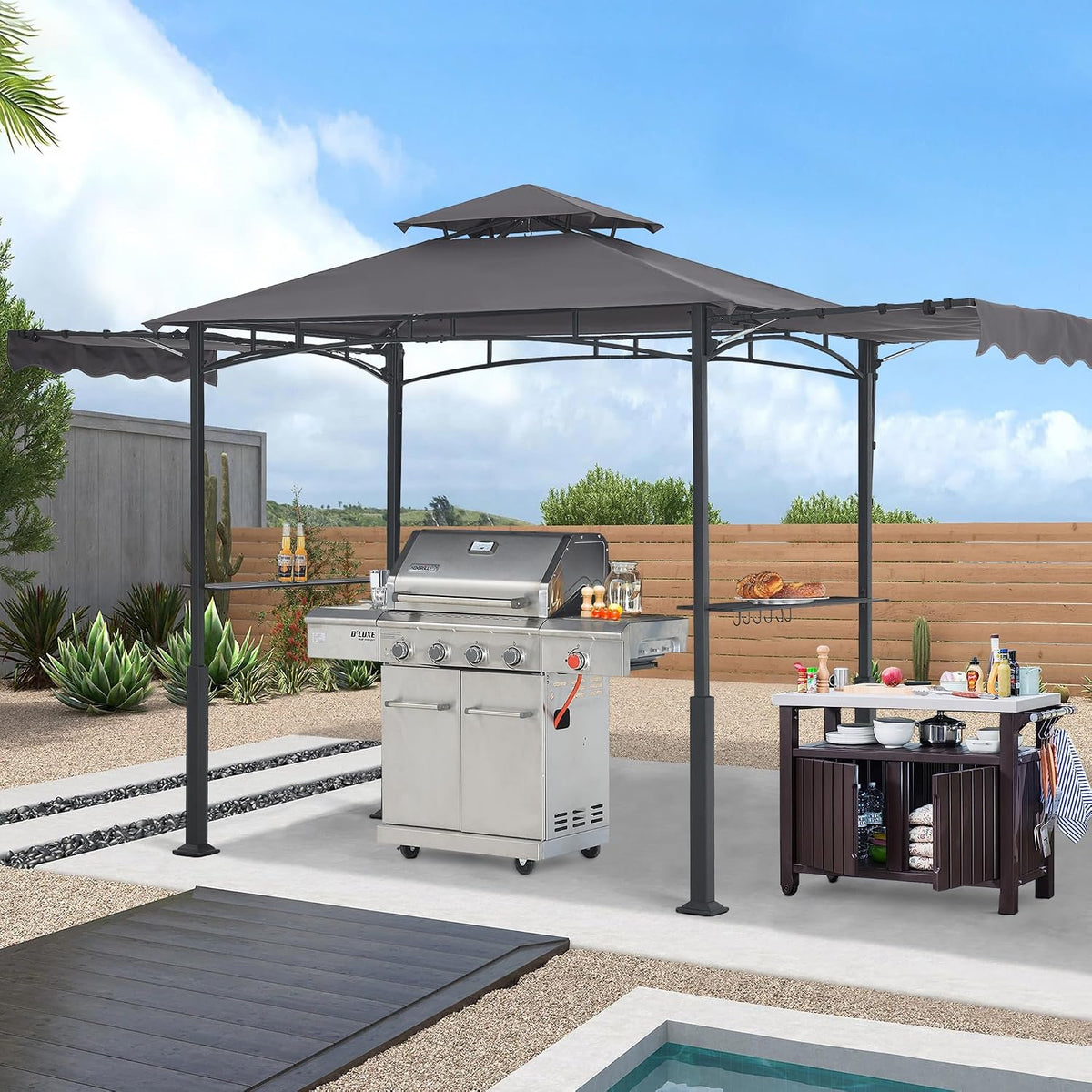ABCCANOPY Grill Gazebo with 2 Side Awnings - 14x5 Outdoor BBQ Canopy Shelter with 2 Led Lights for Patio Backyard Grilling (Dark Gray)