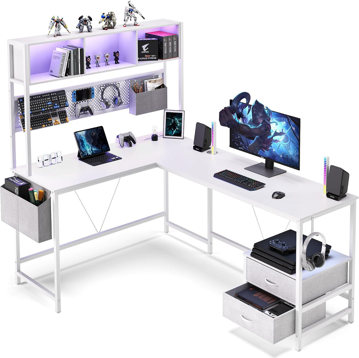 Dowinx 67' L-Shaped Gaming Desk with Pegboard & Drawers, Reversible Computer Desk with RGB Lights & Power Outlets, Corner Workstation with Storage & Hutch for Home Office & Gaming White