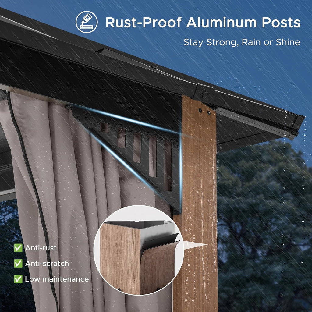 SUNJOY Kingston 12' x 10' Hardtop Gazebo with Galvanized Steel Double Roof, Curtain and Netting, Woodgrain Finish Aluminum Posts Permanent Pavilion Gazebo for Garden, Patio, Deck, Lawn