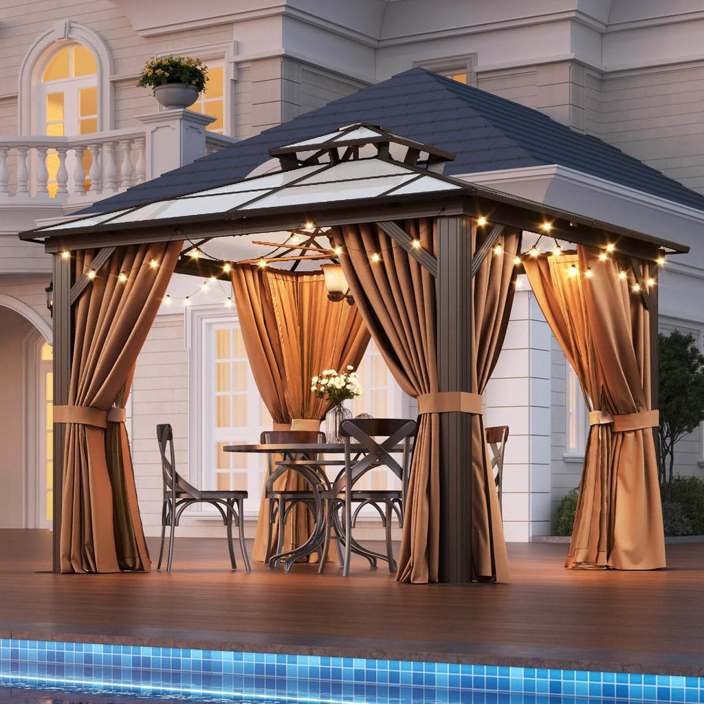 Aoxun 10'x10' Hardtop Gazebo, Outdoor Metal Gazebo with Double Polycarbonate Roof Canopy, Permanent Pavilion with Netting and Curtains for Lawn, Garden, Patio (Khaki)