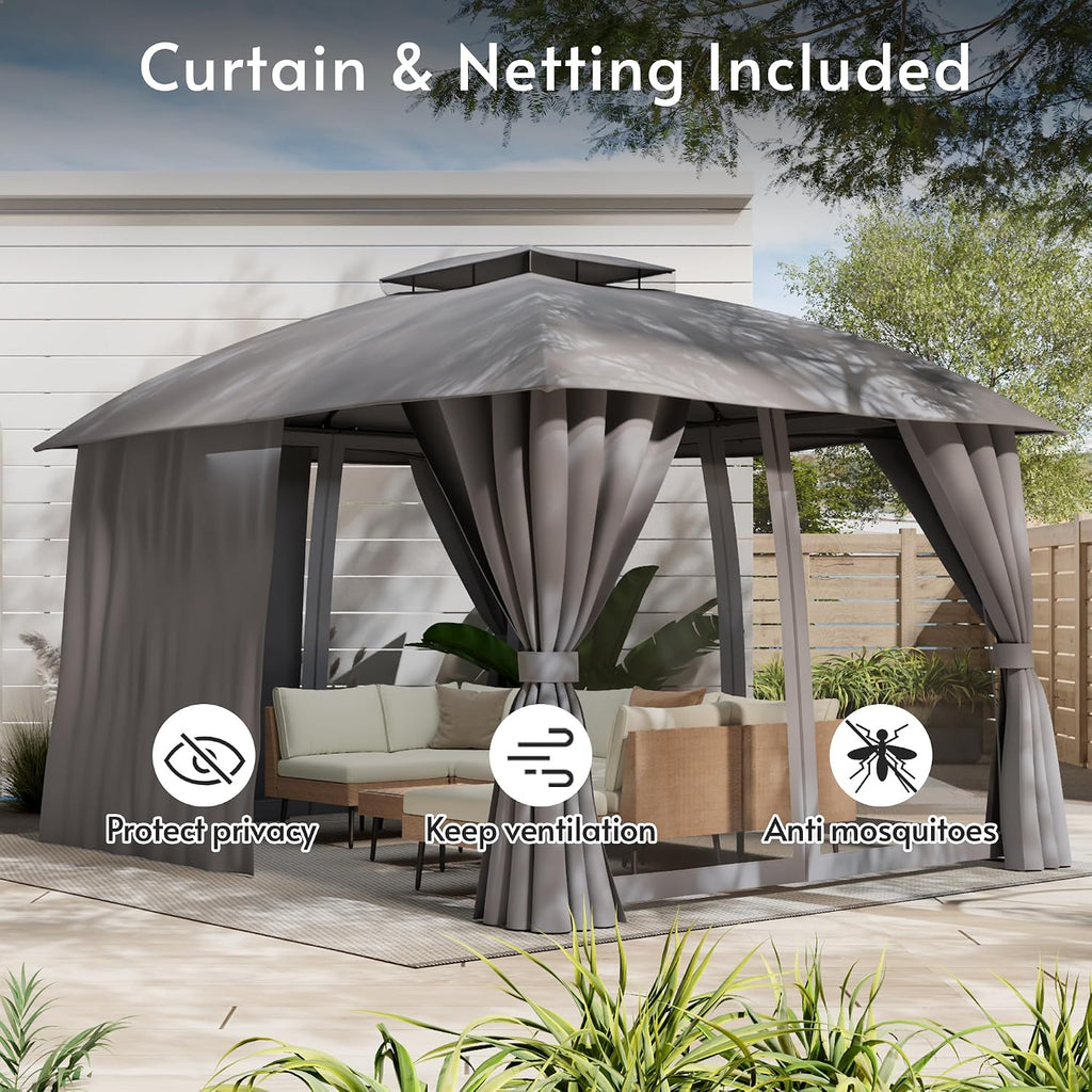 Gazebo 10x12(Canopy Size) with Mosquito Netting & Privacy Screens. Double Roof Design Outdoor Gazebo with Trapezoidal Support System for Patio, Deck, Backyard, Garden & Lawns (Charcoal Gray)
