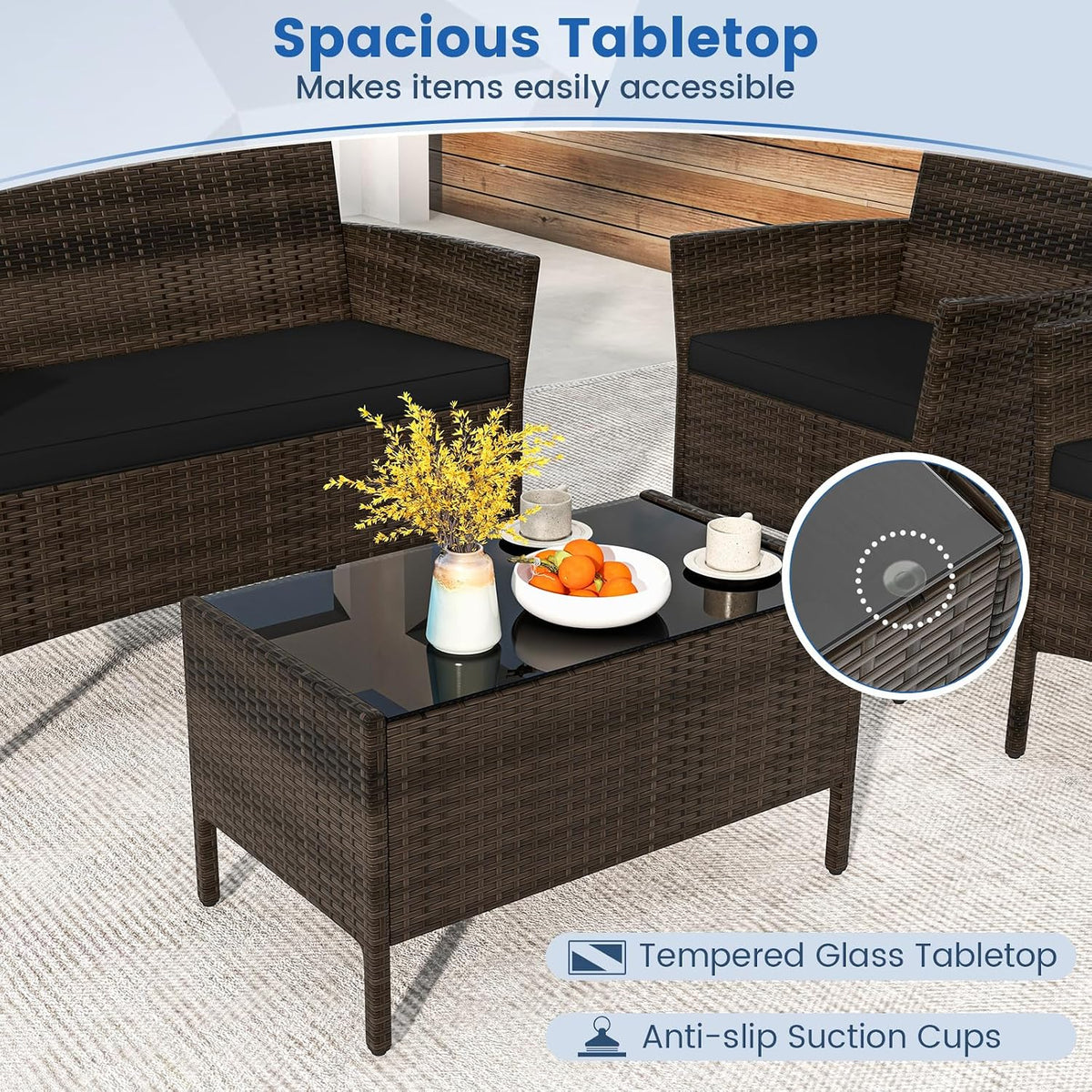 DORTALA Wicker Patio Furniture Set 4 Piece, Outdoor PE Rattan Table & Chairs Set with Tempered Glass Coffee Table, Loveseat, Cushions, Conversation Set for Balcony, Porch, Backyard, Deck, Black