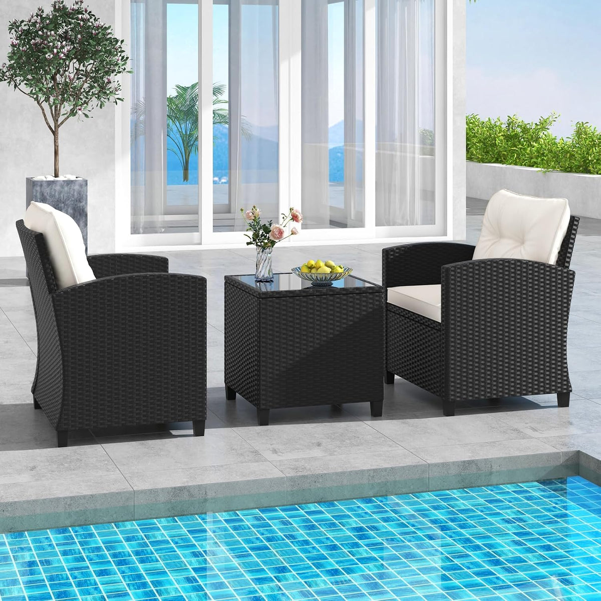 HAPPYGRILL 3 Pieces Wicker Patio Conversation Set, PE Rattan Bistro Sofa Set with Tempered Glass Coffee Table, Washable Cushions, Outdoor Furniture Set for Garden Poolside Balcony (Off White)