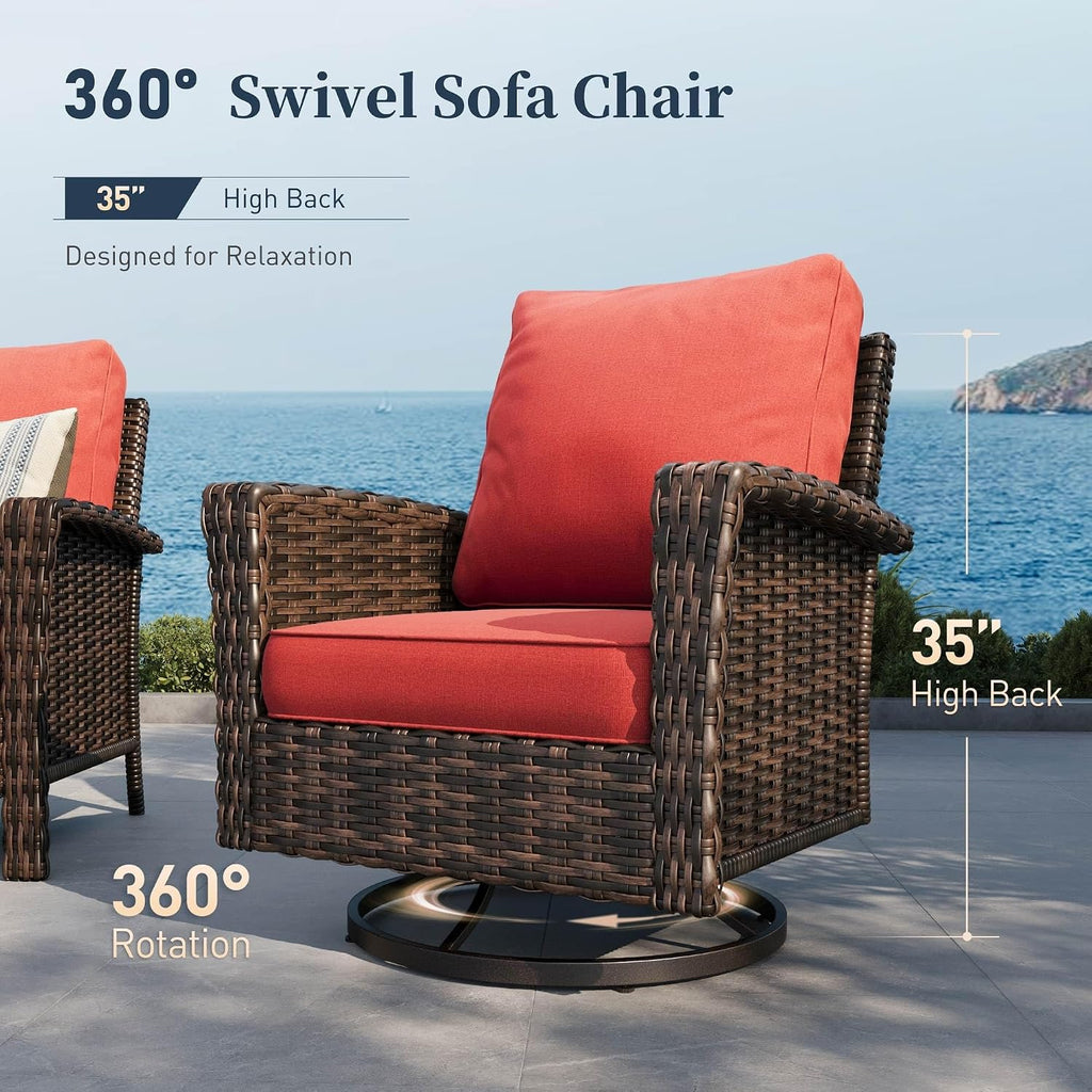SUNSHINE VALLEY Patio Furniture Set with Swivel Chairs, High Back Wicker Rattan Furniture with 5.5' Thick Cushions and Coffee Table, Outdoor Conversation Set for Backyard Deck, 5 Seats, Red