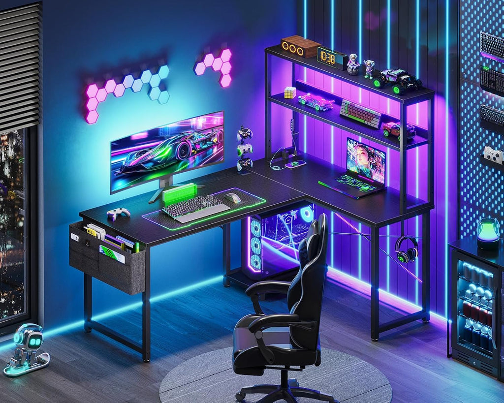 AODK L Shaped Desk Gaming Desk with LED Light & Power Outlet, 43 Inch Reversible L Shaped Computer Table with Shelf, Corner Desk with Storage Bag&Hook for Home Office Desk, Black