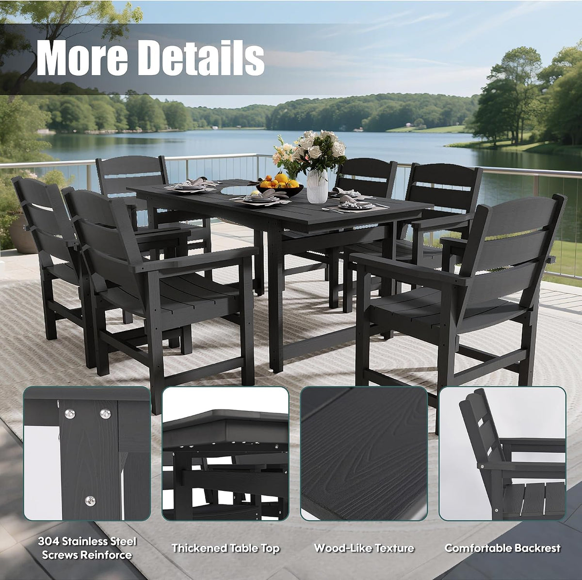 HIPS All-Weather Patio Dining Table Sets 7-Piece,Outdoor Table and Chairs,Dining Furniture Set with Umbrella Hole,Patio Table and Chairs Sets for 6|for Lawn, Garden, Backyard, Poolside