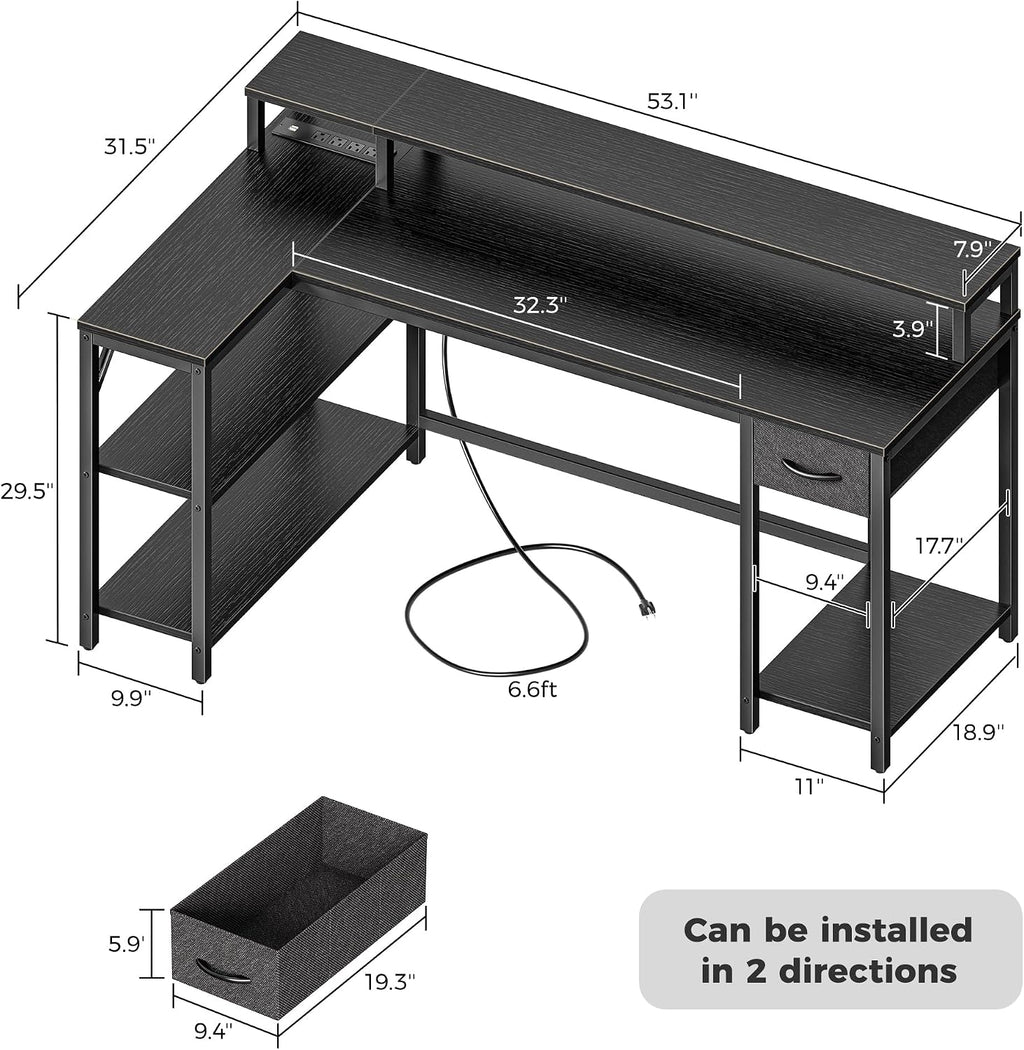 SUPERJARE 53 inch L Shaped Gaming Desk with LED Lights & Power Outlets, Reversible Computer Desk with Shelves & Monitor Stand, Corner Desk with Drawer, for Home & Office, Black