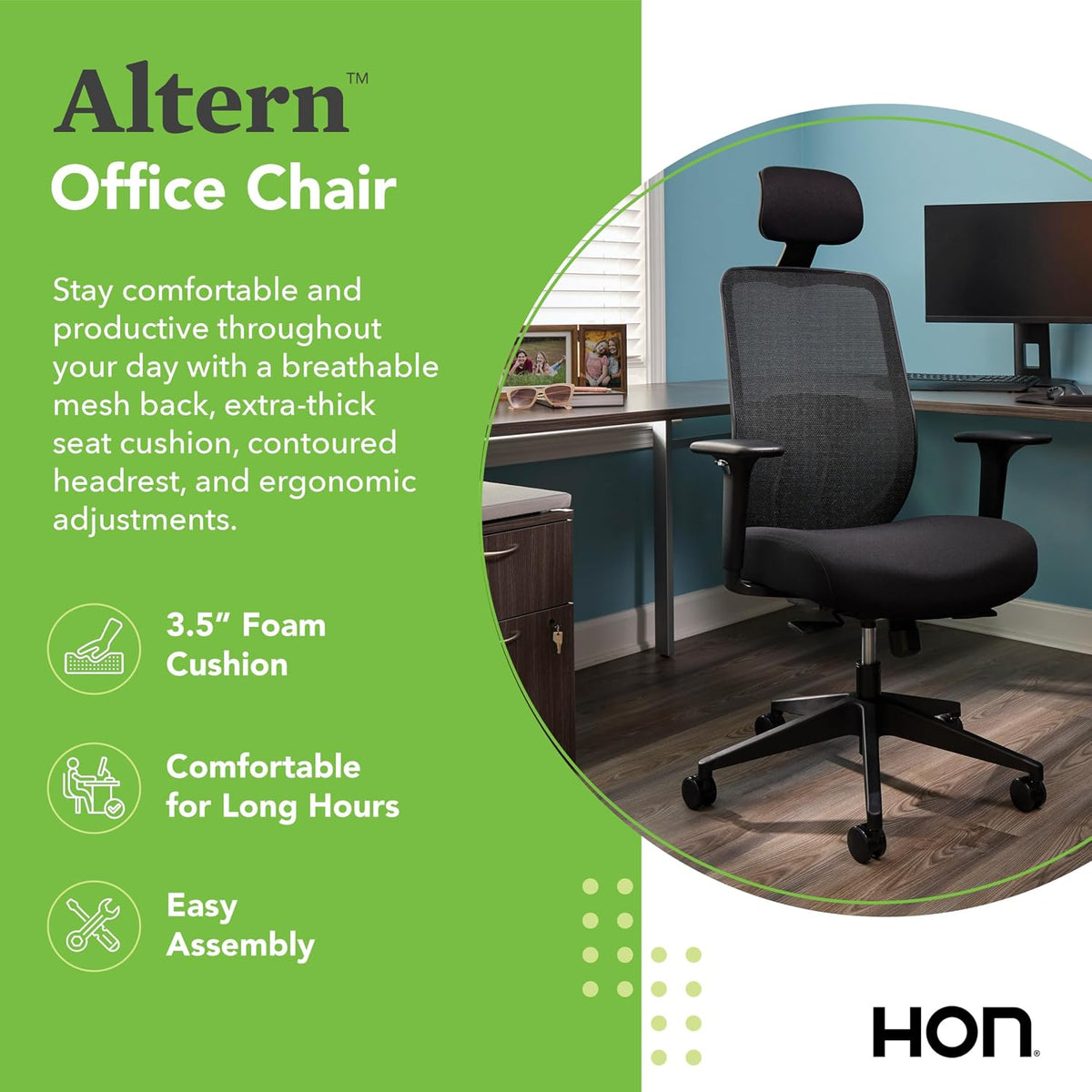 HON Altern Ergonomic Office Chair with Headrest, Arms, Wheels, Foam Cushion Seat, Mid Back Home Office Desk Chair Comfy, Gaming Chair, Height Adjustable Arms, Synchro-Tilt, Black Frame, Frost