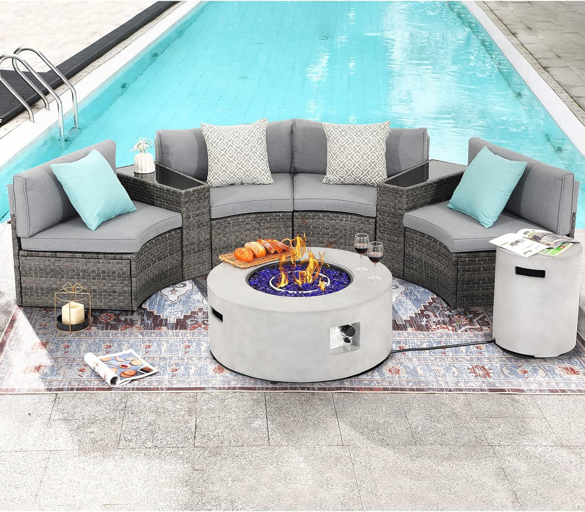 SUNSITT 8 Piece Patio Furniture Set with Propane Fire Pit Half-Moon Curved Patio Set Outdoor Sectional Sofa with 36in Grey Gas Fire Table & Tank Cover, Grey Rattan