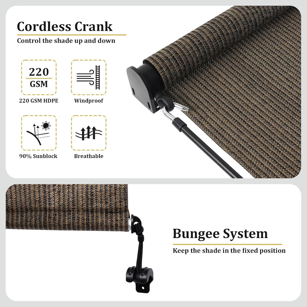 Shade&Beyond Patio Shades Roll up Outdoor Roller Shade Blinds 9' W x 8' H, Cordless with 90% UV Protection, Exterior Sunshade Cloth Roll for Pergola Porch Gazebo Balcony, HDPE Fabric, Mocha