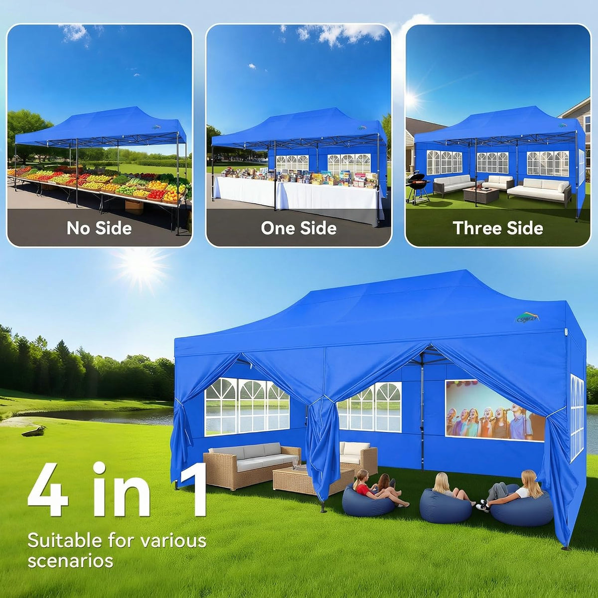 COBIZI 10x20 Heavy Duty Pop Up Canopy Tent with 6 Sidewalls Thicken Frame, Commercial Easy Up Outdoor Wedding Party Tents, All Season Waterproof Windproof with Stakes Sandbags Ropes Roller Bag, Blue