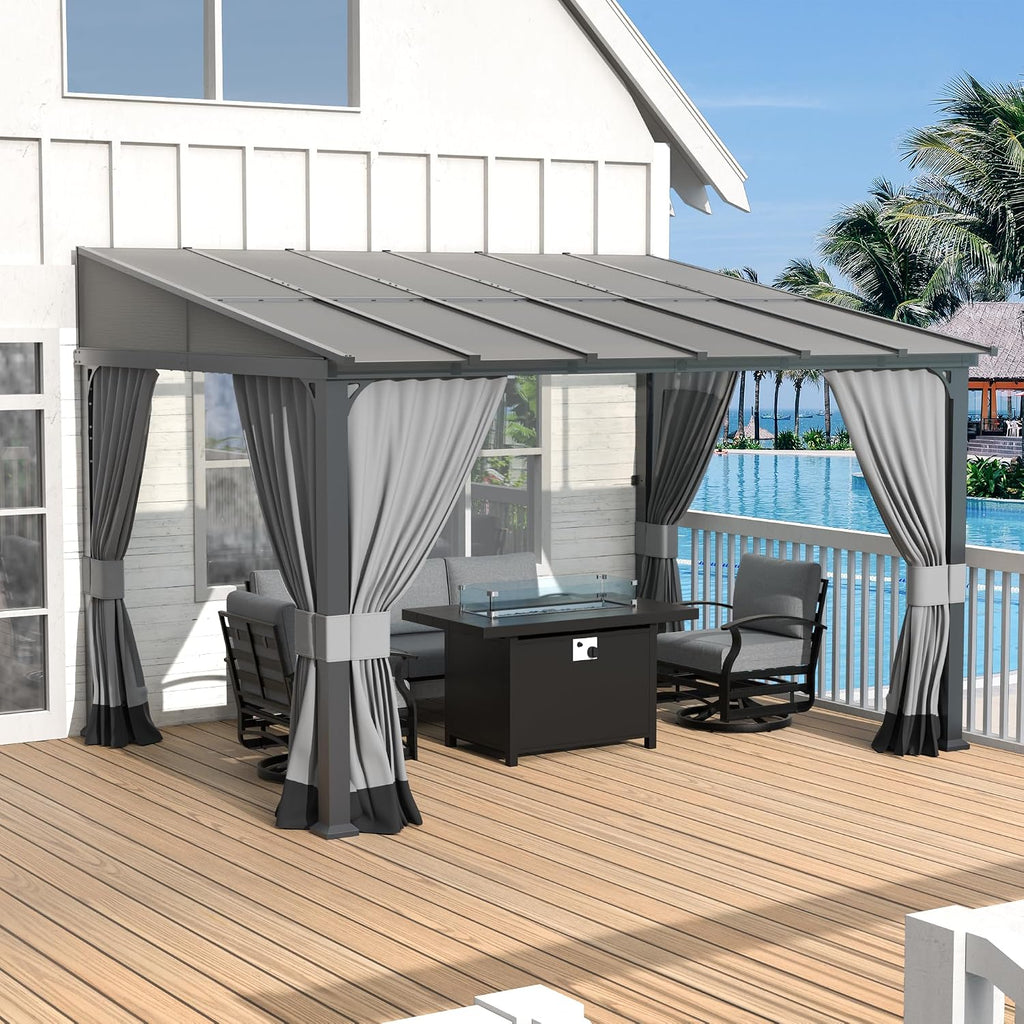 Kurapika 10' x 12' Wall Mount Gazebo Outdoor Pergola, Hardtop Lean to Gazebo Canopy Awnings with Sloped Roof and Sturdy Steel Frame, for Patio, Porch, Deck, Backyard(Grey)