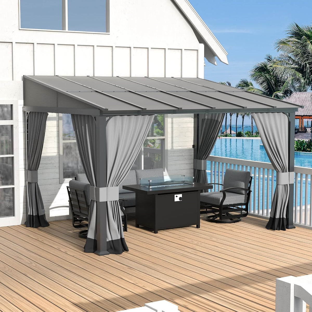Kurapika 10' x 12' Wall Mount Gazebo Outdoor Pergola, Hardtop Lean to Gazebo Canopy Awnings with Sloped Roof and Sturdy Steel Frame, for Patio, Porch, Deck, Backyard(Grey)