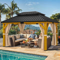 YITAHOME 11X13FT Wood Outdoor Gazebo Wooden Hardtop Gazebo Double Roof Hardtop Galvanized Steel Top Canopy w/Curtain and Netting, Patio Heavy Duty for Deck, Backyard, Golden