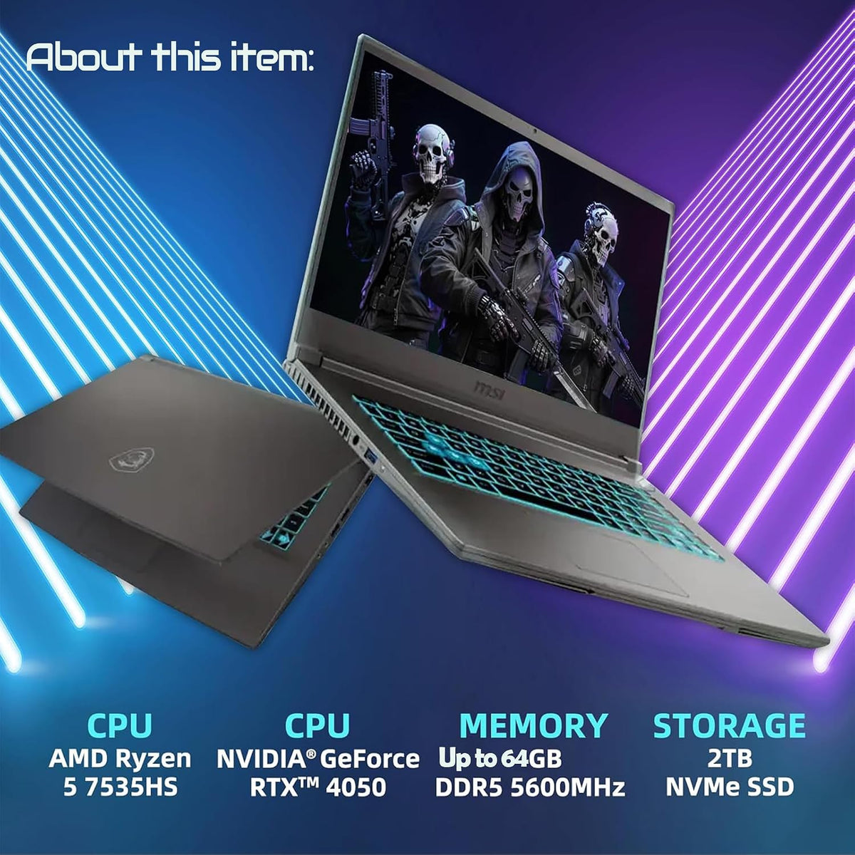 msi 15.6' Thin A15 Gaming Laptop, Full HD Display, NVIDIA GeForce RTX 4050, AMD Ryzen 5 7535HS, Wi-Fi 6, Backlit Keyboard, Webcam, Bluetooth, Windows 11 Pro, Black (64GB RAM & 1TB SSD)
