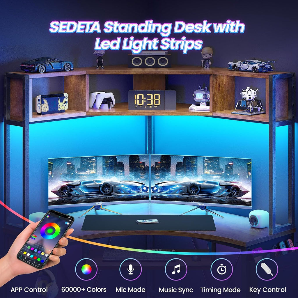 SEDETA Corner Desk, 39' W x 62' H Small Office Desk with Hutch & LED Lights, Triangle Gaming Computer Desk with Keyboard Tray, Storage Bag, and Headphone Hook for Small Space, Rustic Brown
