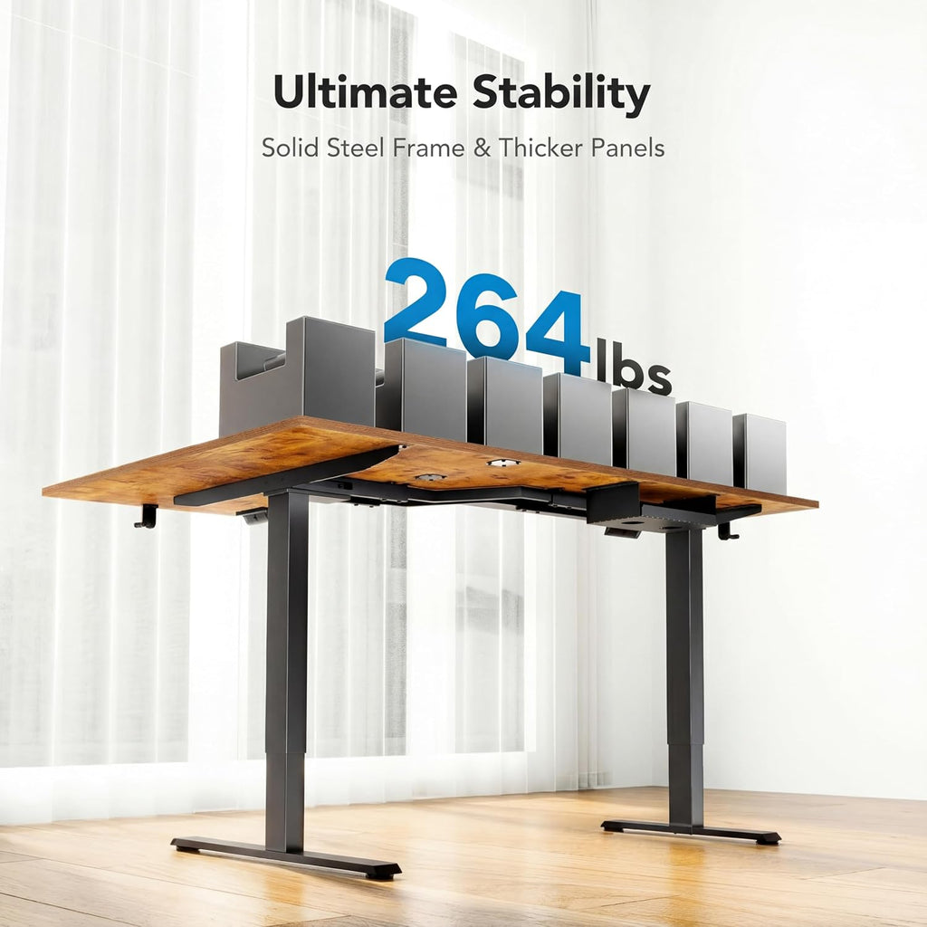 HUANUO 71x48 inch Dual Motor L Shaped Electric Standing Desk with 3 Preset Heights, Electric Height Adjustable Computer Table, 2 Hooks & Cable Tray, Raising Desk for Home Office, Vintage Brown