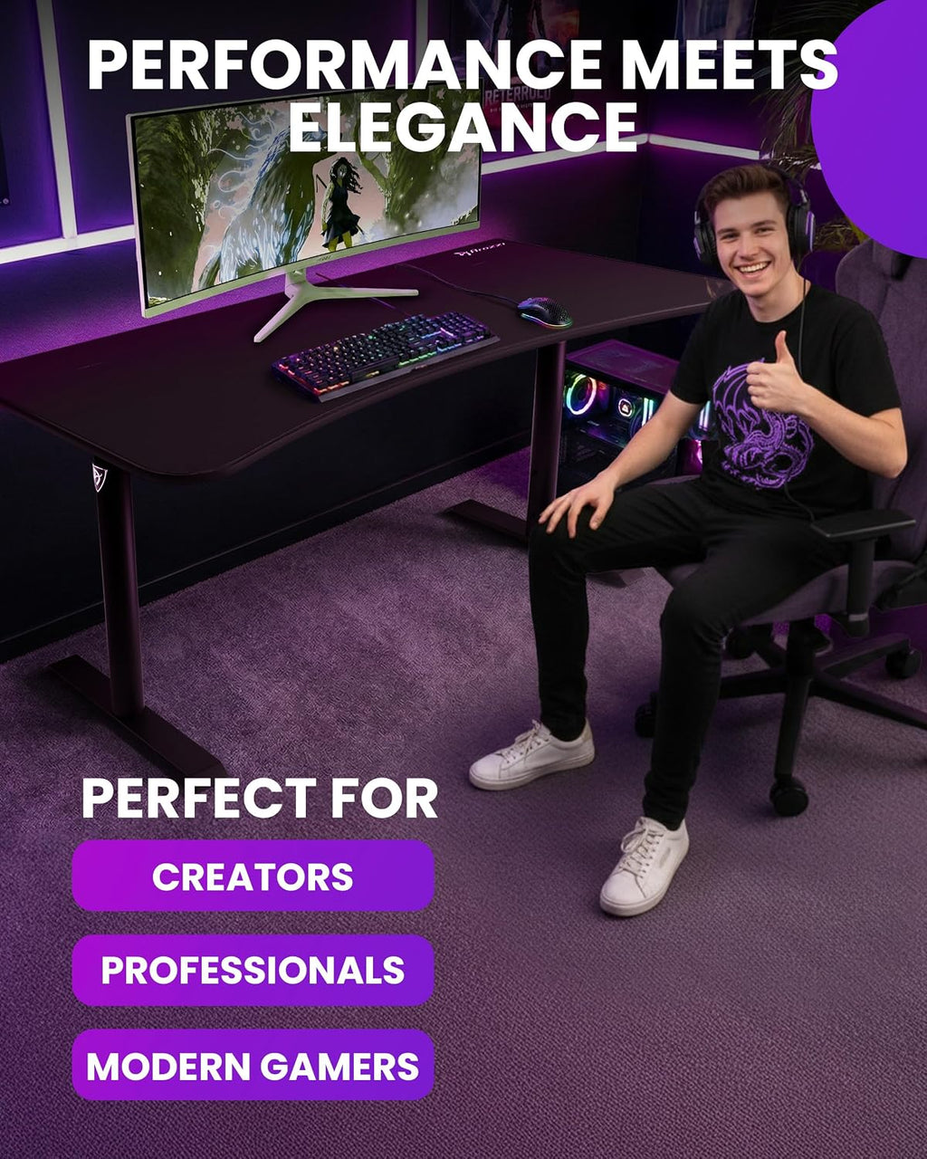 Arozzi Arena Large Gamer Desk - 63x32' Adjustable Height PC Gaming Desk With Storage For Cables & Triple-Monitor Support - Full-Surface Washable Mousepad - Pure Black