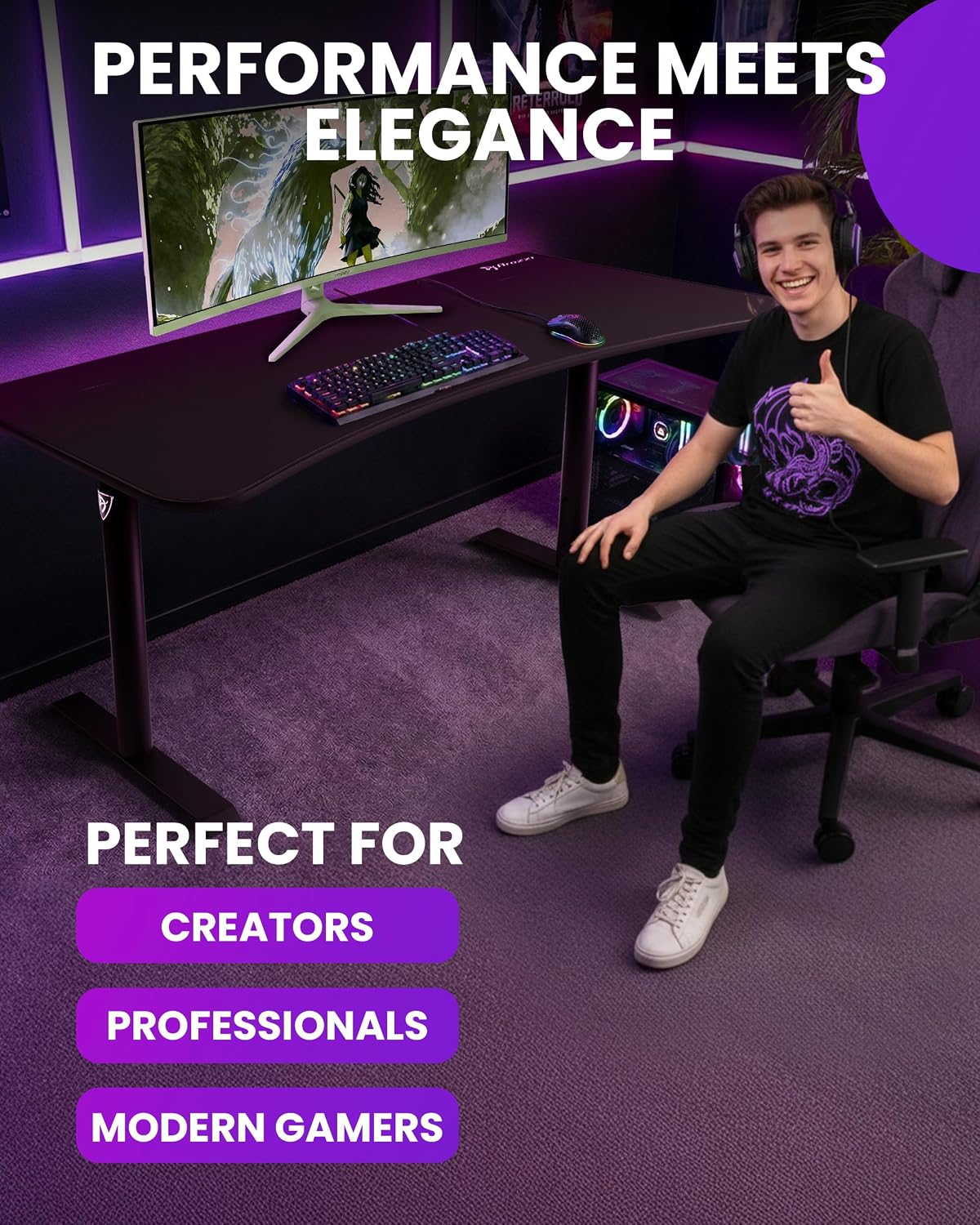 Arozzi Arena Large Gamer Desk - 63x32' Adjustable Height PC Gaming Desk With Storage For Cables & Triple-Monitor Support - Full-Surface Washable Mousepad - Pure Black
