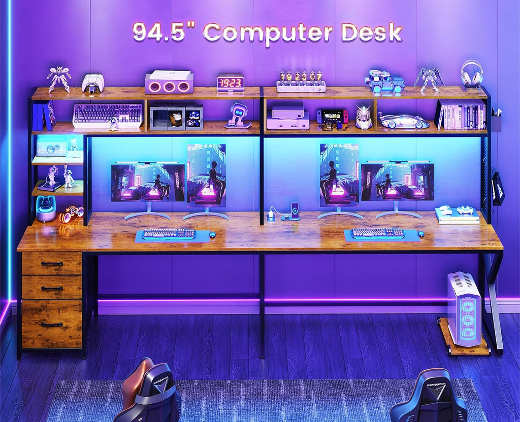 SEDETA L Shaped Desk with Hutch and 3 Drawers, Convertible 94.5' Computer Desk with File Drawer, L Shaped Office Desk with Power Outlet, LED Lights, Storage and Pegboard for Home Office, Brown