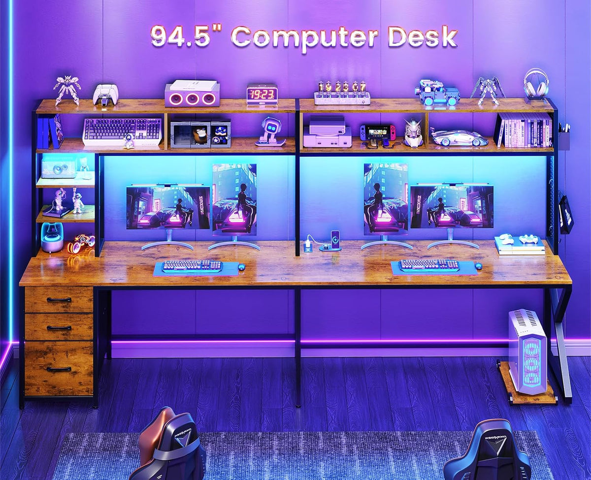 SEDETA L Shaped Desk with Hutch and 3 Drawers, Convertible 94.5' Computer Desk with File Drawer, L Shaped Office Desk with Power Outlet, LED Lights, Storage and Pegboard for Home Office, Brown