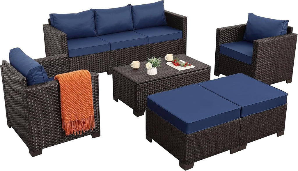 Rattan Star 6 Pieces Patio Outdoor Furniture Conversation Sets Patio Wicker Sofa Set with Outdoor Couch Patio Chairs and Storage Table Non-Slip Cushions Waterproof Covers, Navy Blue