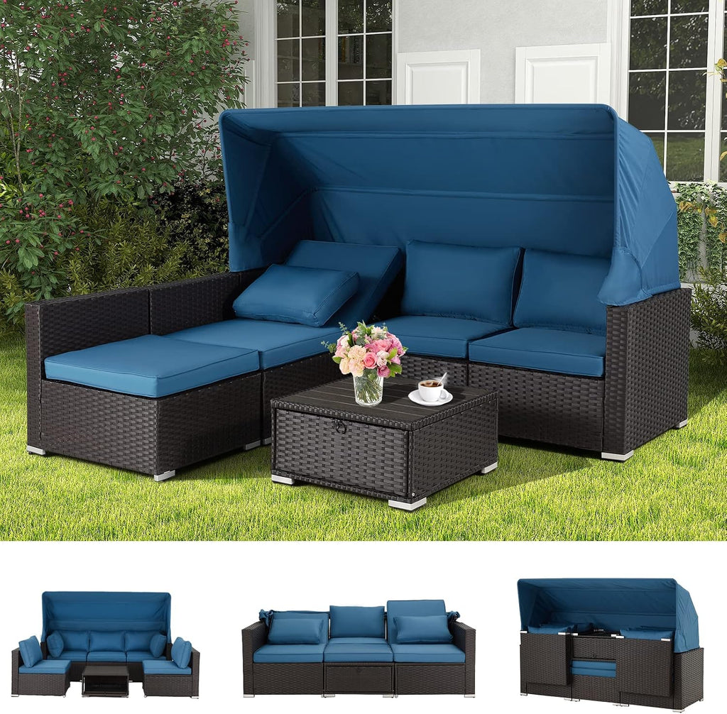 6 Pieces Patio Furniture Sets Outdoor Sectional Sofa Set Rattan Daybed with Retractable Canopy, Adjustable Backrest, Storable Tea Table Rectangle Sunbed for Backyard Garden Poolside(Blue)