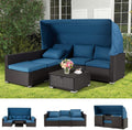 6 Pieces Patio Furniture Sets Outdoor Sectional Sofa Set Rattan Daybed with Retractable Canopy, Adjustable Backrest, Storable Tea Table Rectangle Sunbed for Backyard Garden Poolside(Blue)