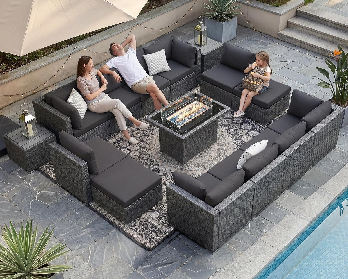 NICESOUL 15 Piece Patio Set with Fire Pit Table, Luxury Large Size Outdoor Furniture with Firepit, 29.3' Highback Deep Seating 500 lbs Heavy Duty for Backyard, Deck, Dark Grey