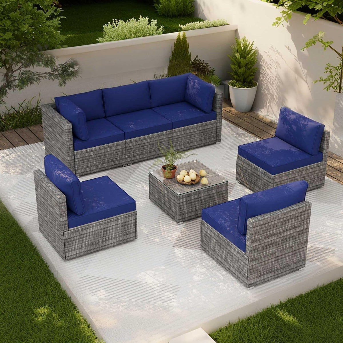 7-Piece Outdoor Patio Furniture Set – Handwoven All-Weather Rattan & 4' Thick Waterproof Cushions, Wicker Outdoor Conversation Sets with Coffee Table for Deck, Backyard, Garden, 2026, Blue/Grey
