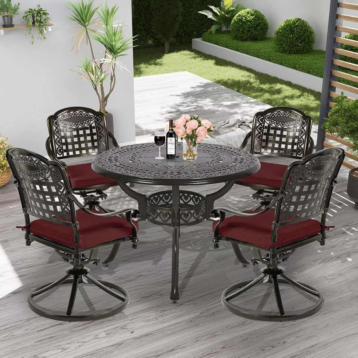 MEETWARM 5-Piece Outdoor Patio Dining Set, All-Weather Cast Aluminum Patio Conversation Set with 4 Cushions Swivel Rocker Chairs for Backyard Garden Deck and 38.5' Round Table, Chili Red