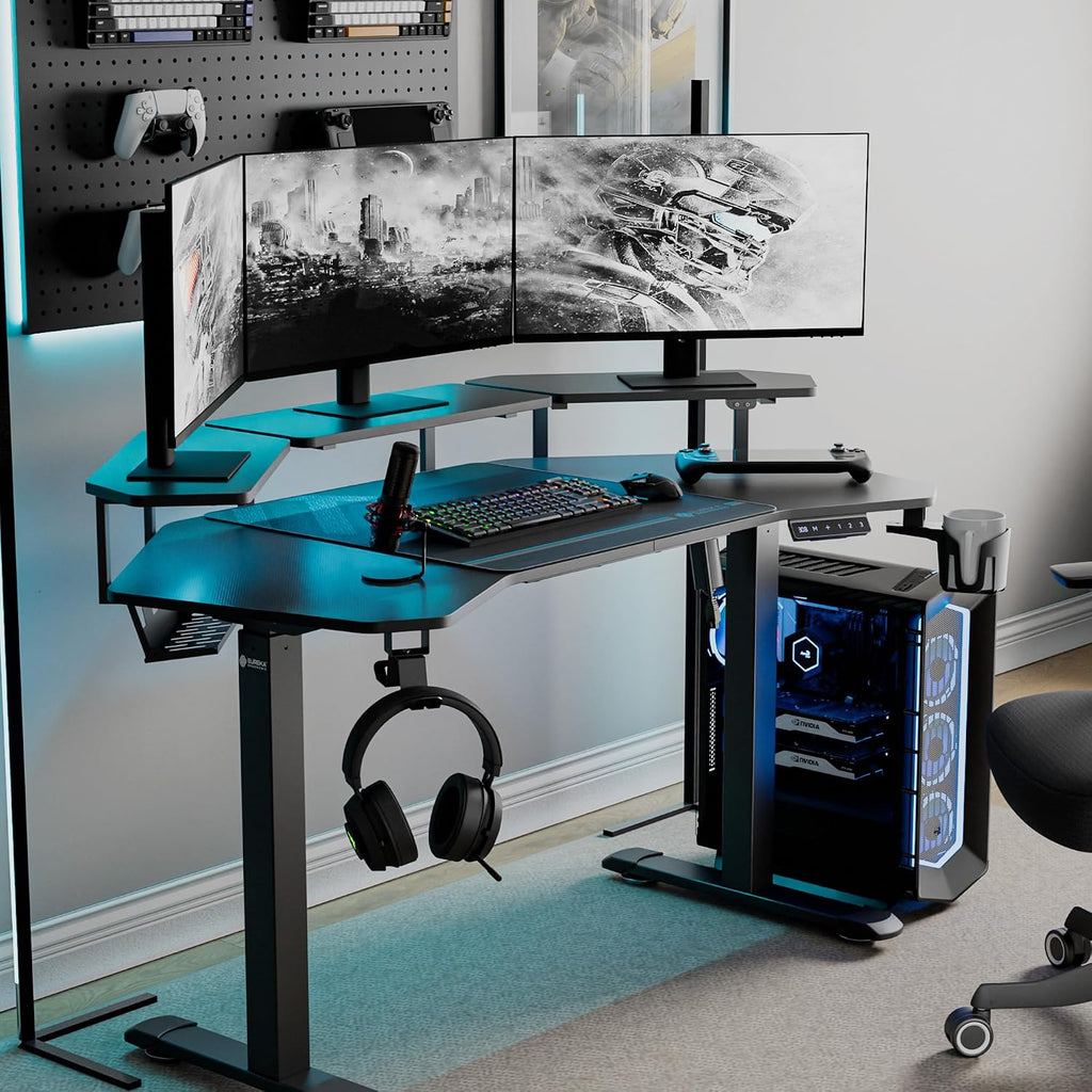 EUREKA ERGONOMIC Aero 55 Inch W Shaped Electric Standing Desk, Height Adjustable Computer Gaming Desk with LED Monitor Shelf, Mouse Pad, Headphone Hook, Cup Holder, Carbon Black