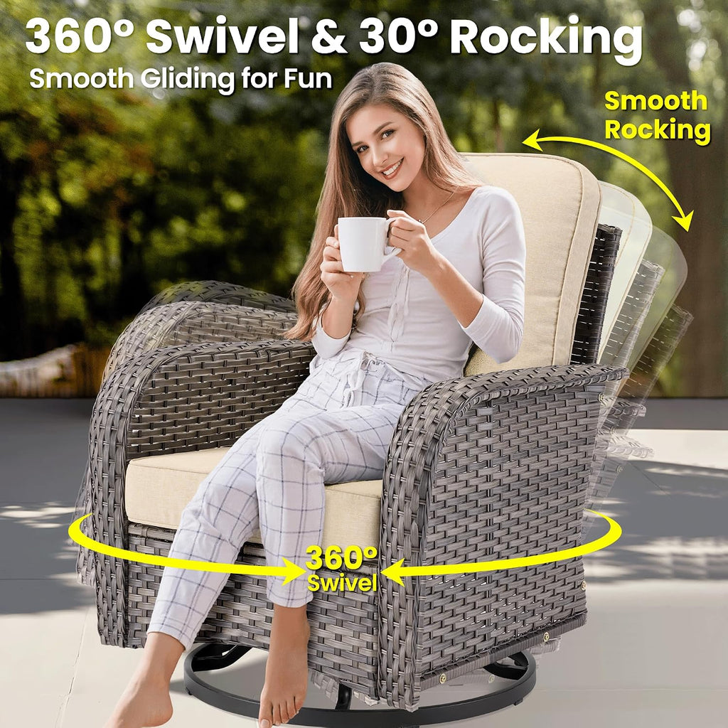 ovios 8 Pieces Patio Furniture Set, Outdoor Wicker Sofa Couch with Rocking Swivel Chairs Solar Lights Table, Modern Deep Seat Rattan Conversation Sets for Deck Porch, Beige