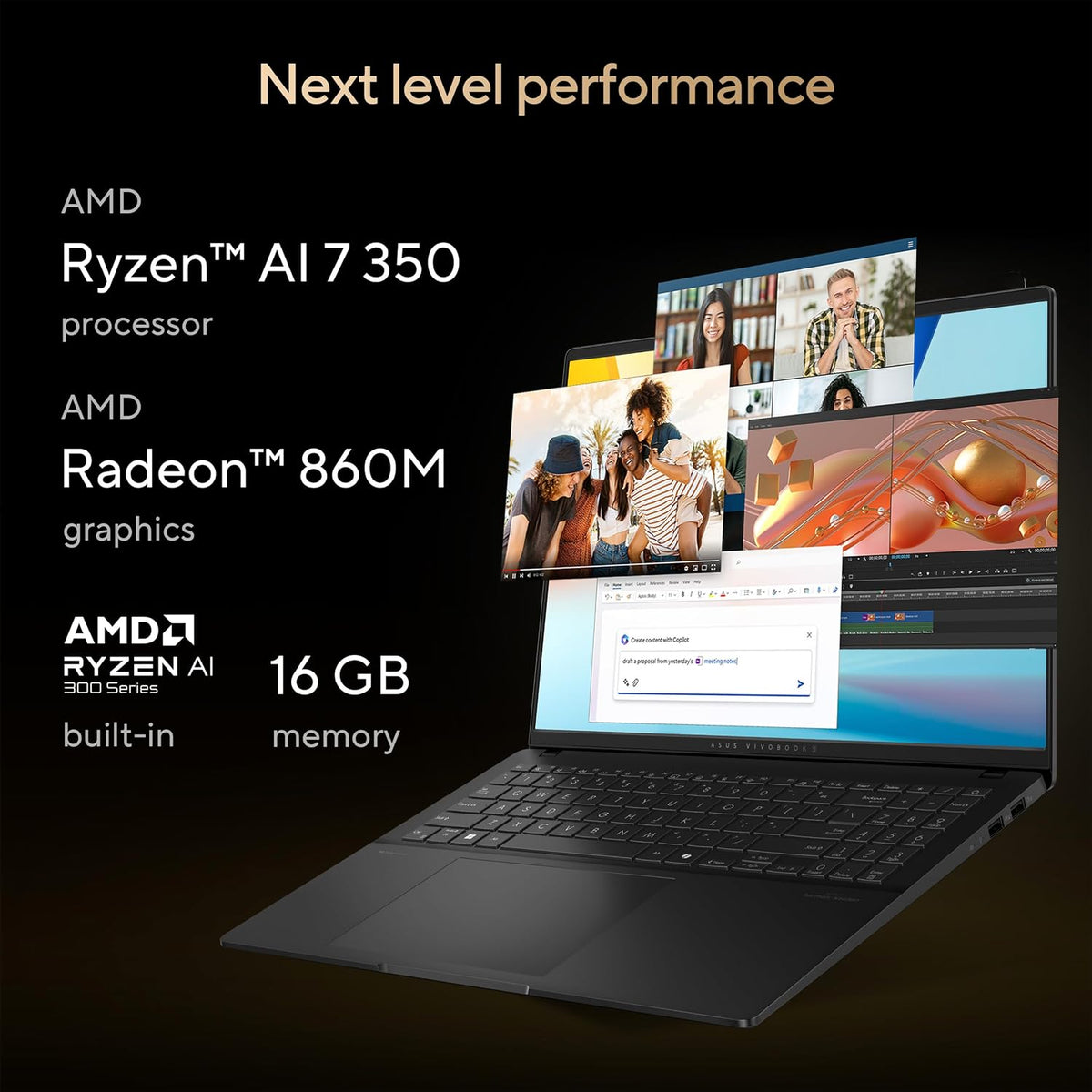 ASUS Vivobook S16 Laptop, Copilot+ PC, AMD Ryzen AI 7 350 with XDNA NPU, 16GB Memory, 1TB SSD, Neutral Black, M5606KA-DS76