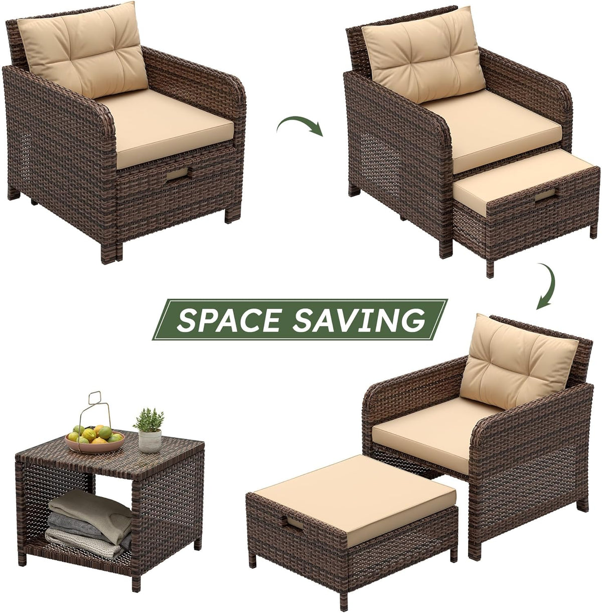 LHBcraft Outdoor Furniture 5 Piece Patio Conversation Set, PE Rattan Patio Set with Soft Cushions & Coffee Table, Outside Furniture with Hidden Ottoman for Porch, Lawn, Garden, Balcony, Brown