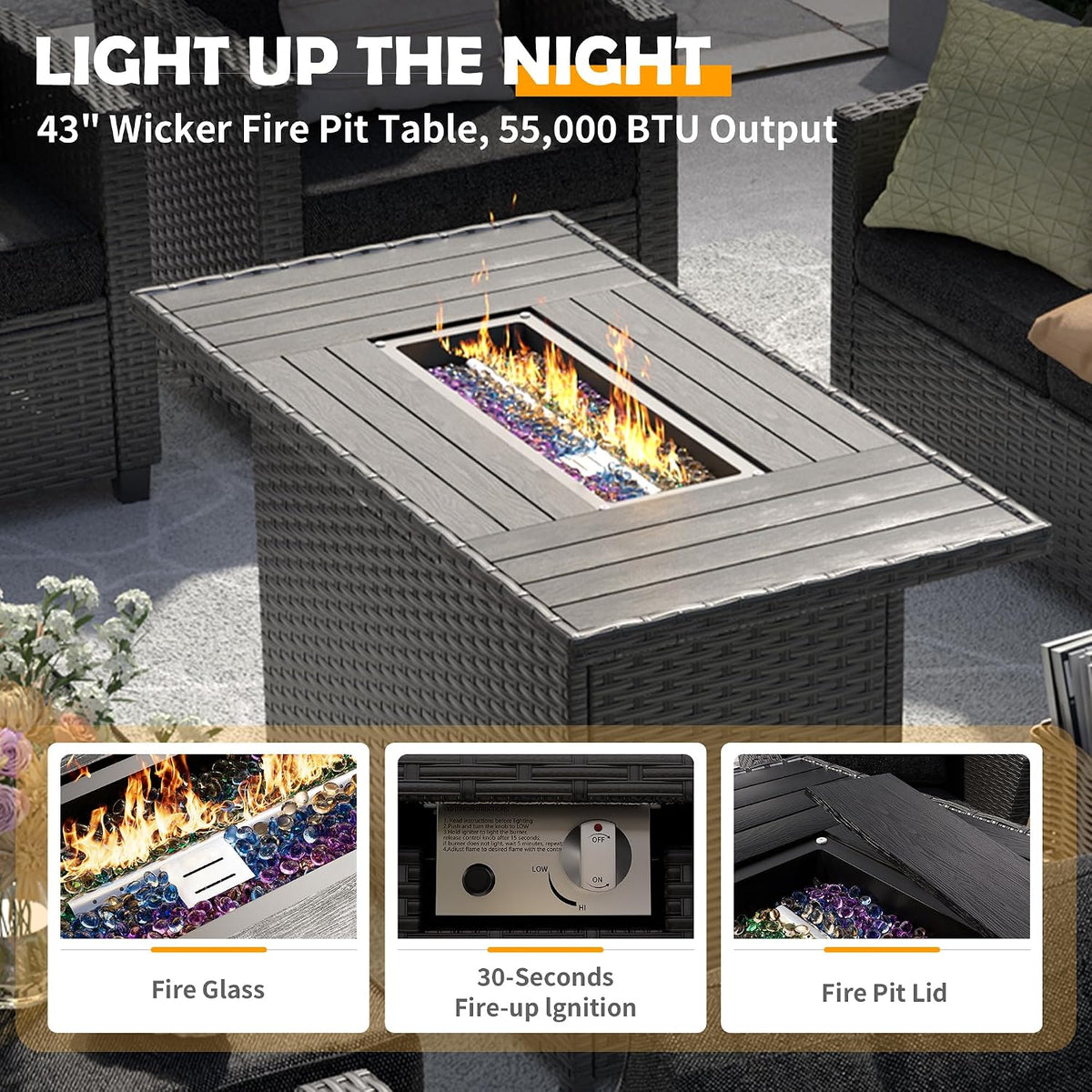 UDPATIO Patio Furniture Set with 44' Fire Pit Table, 8 Pieces Outdoor Sectional Conversation Sets, All-Weather Wicker Rattan Sofa Ottoman with 4' Thick Cushion for Garden Backyard Deck, Black