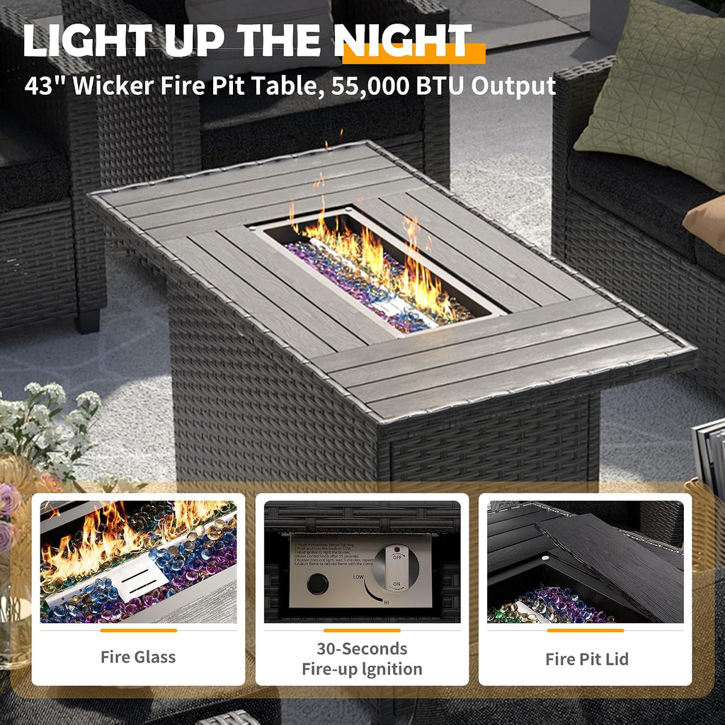 UDPATIO Outdoor Patio Furniture Set with 44' Fire Pit Table, 6 Pieces Sectional Conversation Sets, All-Weather Wicker Rattan Sofa Ottoman with 4' Thick Cushion for Garden Backyard Deck, Black