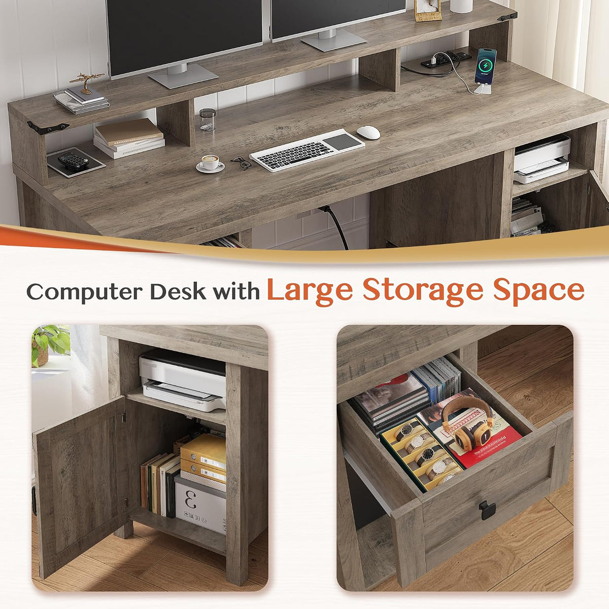 EnHomee Computer Desk with Drawers,23' D Home Office Desk with Storage,Wooden Desk with Monitor Stand,Farmhouse Desk with Printer Space and Power Outlets for Studio,Work, Study,Writing&Gaming