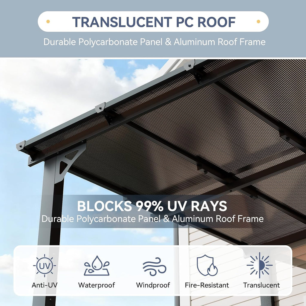 8x10FT Lean to Gazebo, Hardtop Metal Pergola with Polycarbonate Roof, Large Wall Mounted Heavy Duty Awnings, Patio Canopy for Backyard, Deck, Porch, Black