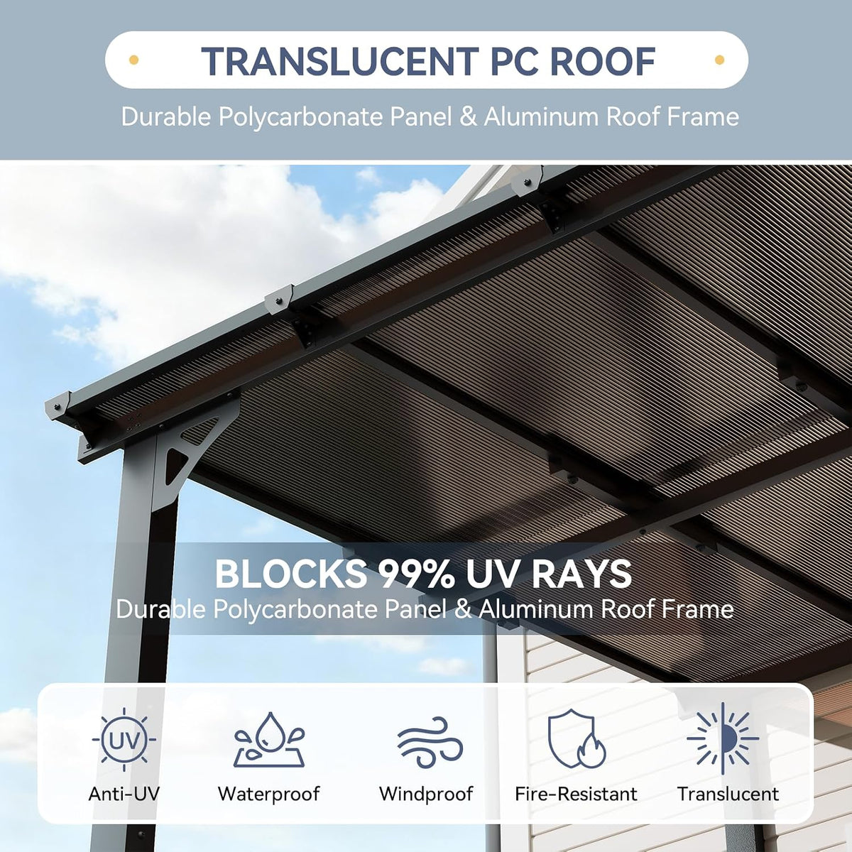 8x10FT Lean to Gazebo, Hardtop Metal Pergola with Polycarbonate Roof, Large Wall Mounted Heavy Duty Awnings, Patio Canopy for Backyard, Deck, Porch, Black