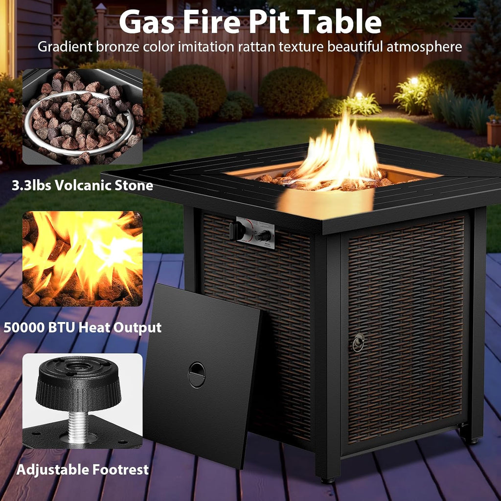 5 Piece Patio Furniture Set with Fire Pit Table - Wicker Patio Conversation Set with Swivel Glider, Glider Loveseat, Tempered Glass Side Table for Deck Backyard - Brown Wicker Grey Cushion