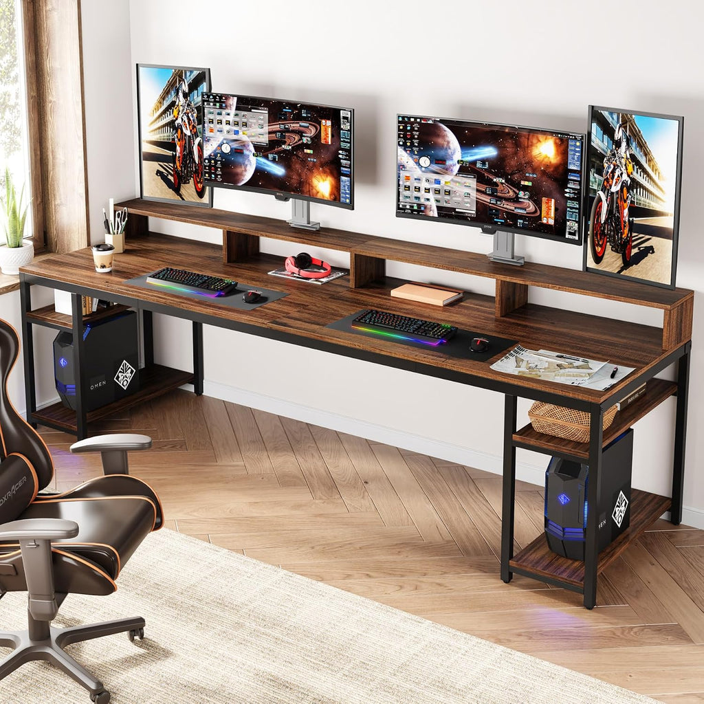 Tribesigns Two Person Desk with Monitor Stand, 78.74' Long Double Computer Office Desk with Storage Shelves, Large Gaming Study Writing Table Workstation for Home Office (Rustic Brown)