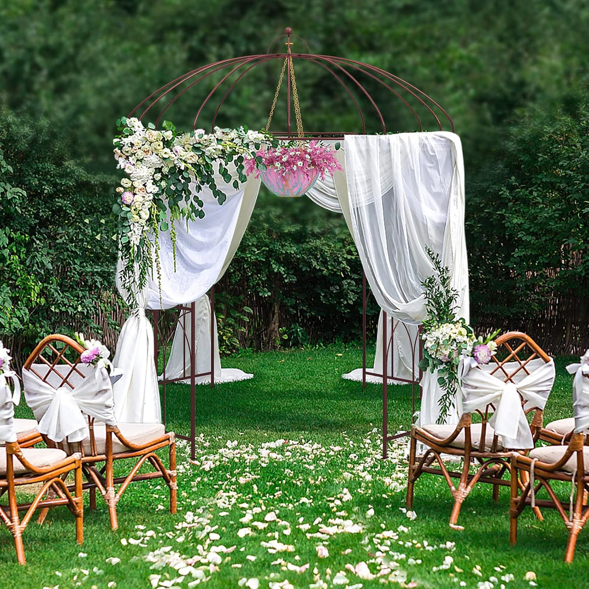 Moccha Birdcage Shape Garden Arch, 8.4' H x 7' W Pergola Pavilion Arch for Climbing Plants, French Style Gazebo with 16 Ground Stakes, Outdoor Metal Garden Arbor for Wedding Party Decoration, Bronze
