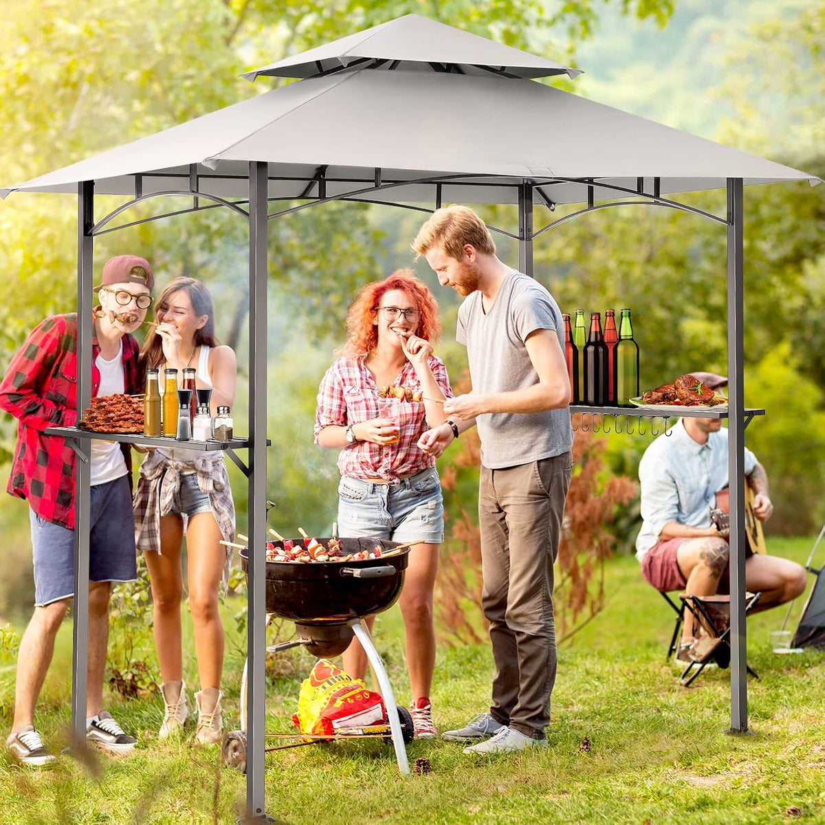 COBIZI 8x5 Grill Gazebo, BBQ Gazebo Shelter, Outdoor Canopy with LED Lights and Two Bar Counters, Double Tiered for Gray