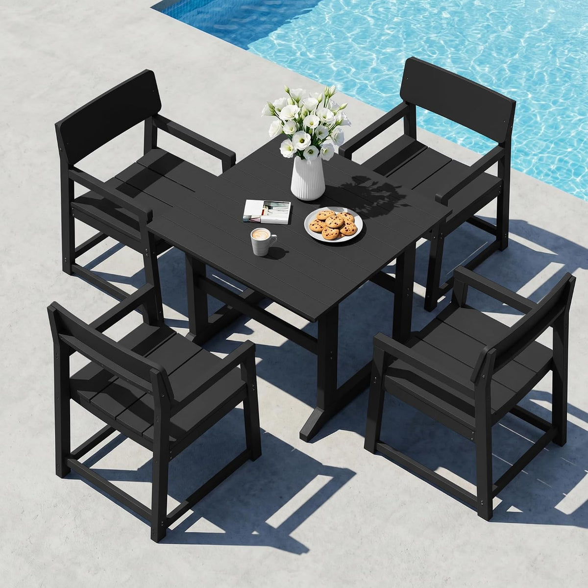 Vongrasig 5 Pieces Patio Dining Set, All Weather Outdoor HDPE Dining Furniture Set with Table and Chairs for 4, Garden Patio Furniture Set for Lawn, Backyard, Poolside, Black