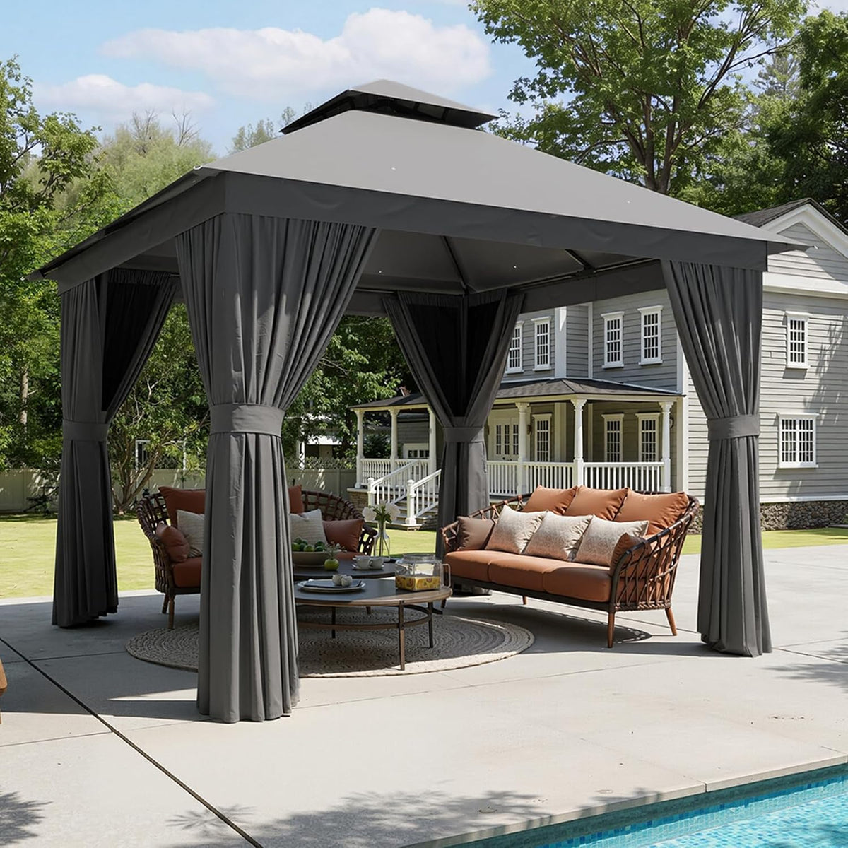 Aoxun 10x10 Outdoor Gazebo for Patio, Metal Frame Canopy Gazebo Double Roof Heavy Duty Backyard Gazebo with Mosquito Netting & Privacy Screen, Patio Shelter for Garden Lawn Deck (Grey)