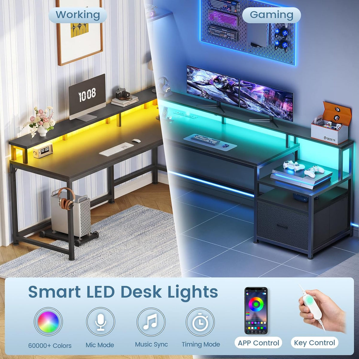 SEDETA 66' L Shaped Desk with Power Outlet, Reversible Home Office Computer Desk with File Drawer & Monitor Shelf, Storage Shelves, LED Lights for Corner Small Spaces, Black